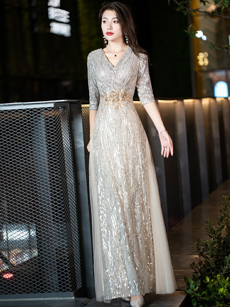 大尺碼晚禮服洋裝 大碼晚禮服女胖mm 宴會氣質200斤顯瘦加肥亮片長款主持年會禮服裙