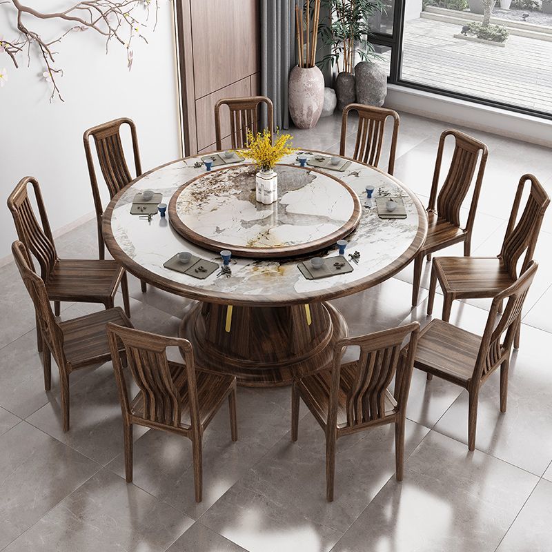 烏金木實木餐桌椅組合新中式家用大圓桌吃飯桌子帶轉盤圓形餐桌