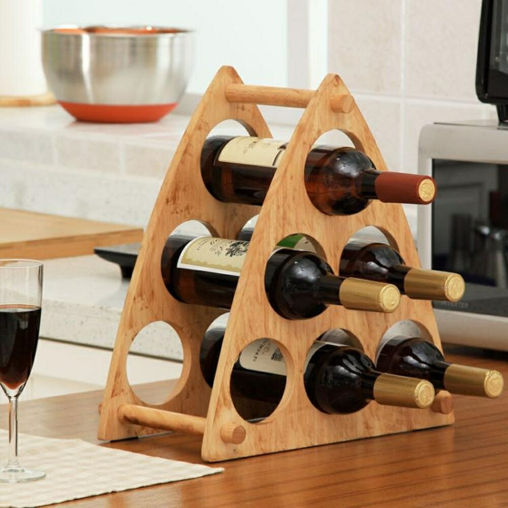 橡膠木三角形紅酒架 擺件葡萄酒架 實木架子 六瓶裝 WD 全館免運