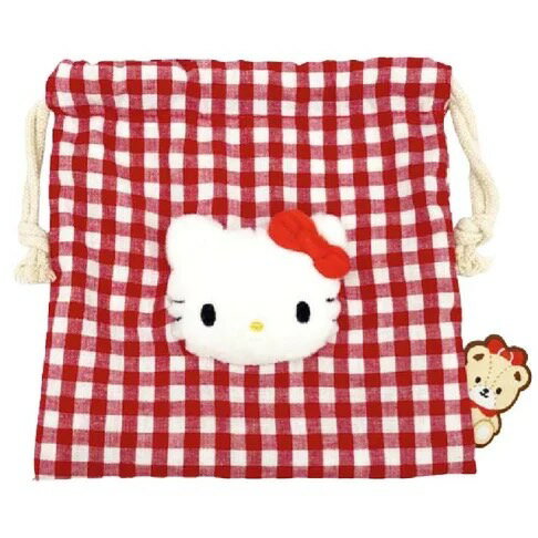 【震撼精品百貨】凱蒂貓 Hello Kitty~日本SANRIO三麗鷗 KITTY絨毛玩偶束口袋18x18cm(紅格大頭款)*14558