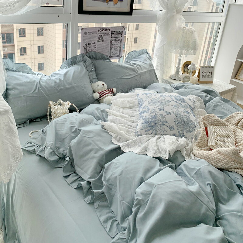 小清新ins床上四件套夏季北歐風淡藍色床單被套被罩床笠款簡約三