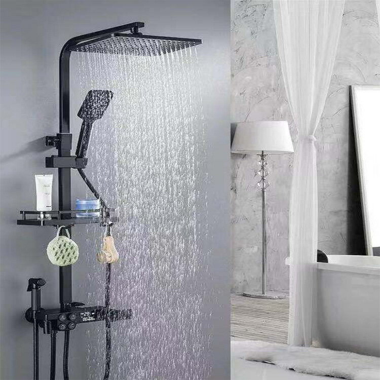 黑色智能恆溫數顯淋浴花灑 掛墻式增壓四擋合浴室淋浴套裝
