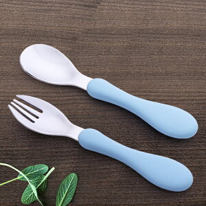 304不銹鋼勺子兒童勺子叉子套裝餐具創意可愛防燙硅膠嬰幼兒勺子1入