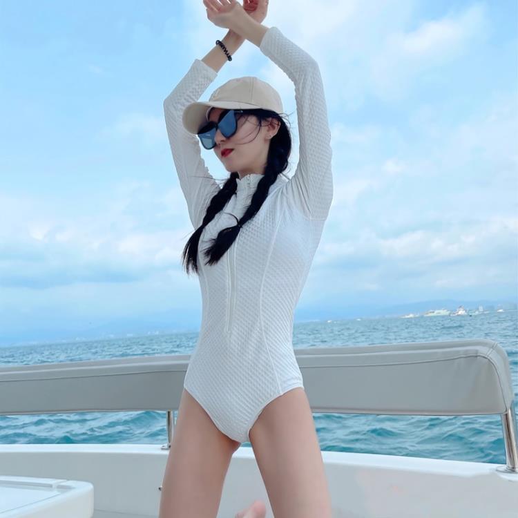 連體泳衣女 新款長袖防曬韓國ins風超仙連體顯瘦遮肚泡溫泉游泳裝 三木優選