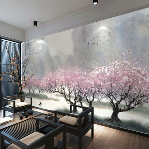 新中式手繪油畫桃花林墻紙3D電視背景墻壁紙客廳沙發臥室書房壁畫