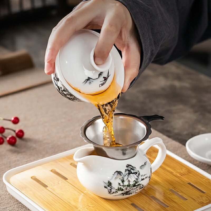 家用功夫茶具套裝 一蓋碗三杯簡約泡茶會客陶瓷喝茶茶杯幹泡茶盤【不二雜貨】