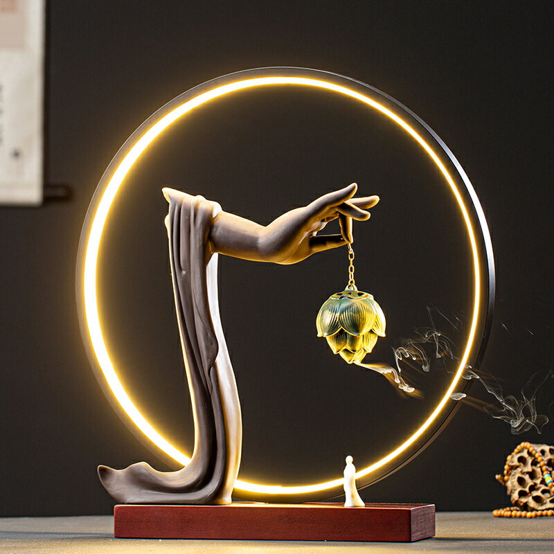 新中式led燈圈禪意擺件客廳玄關家居創意佛手倒流香爐裝飾工藝品