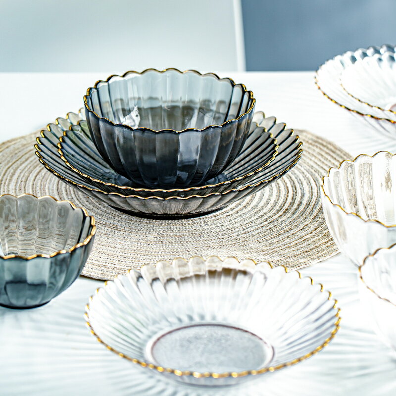 透明玻璃盤玻璃碗描金邊水果沙拉碗歐式創意盤子碗套裝大號