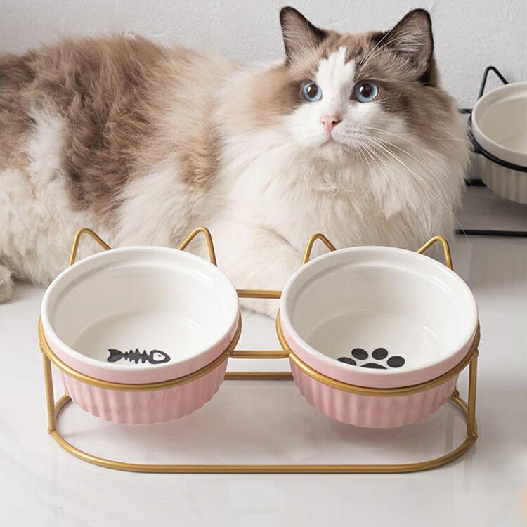 貓碗 陶瓷貓食盆 貓咪碗寵物碗斜口防打翻雙碗喝水喂食一體防漏【不二雜貨】
