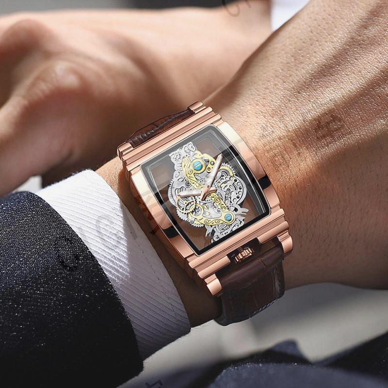 時尚酒桶表 夜光防水手錶 機車齒輪條形鏤空石英錶 陀飛輪真皮手錶男生 潮流酒桶型男錶【亞德機械五金家居】 1