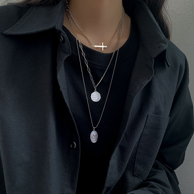 925純銀圓牌人像項鏈女年新款十字架疊戴鎖骨鏈百搭簡約頸鏈 1