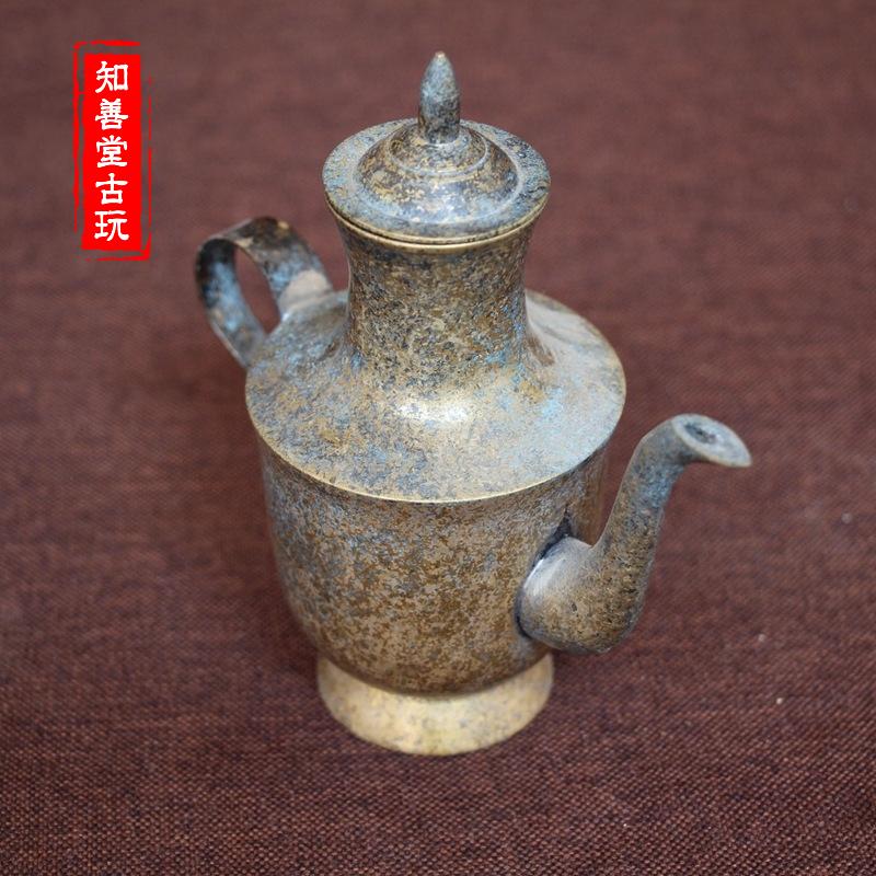 古玩雜項收藏 古董古玩收藏品 仿古純銅擺件 仿古綠銹銅酒壺