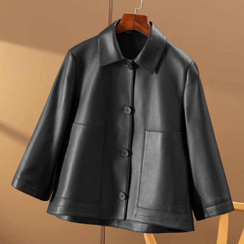 【巴黎精品】皮衣外套真皮夾克-羊皮翻領寬鬆百搭女外套2色a1iw16