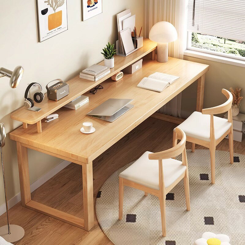 實木雙人大板書桌帶書架書房輕奢辦公電腦桌家用長條寫字桌/桌子/書桌/長條桌/長板桌/學習桌/電腦桌/辦公桌/寫字桌/長形桌