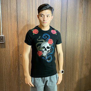 美國百分百【全新真品】Guess T恤 T-shirt 短袖 短T 玫瑰 骷髏 紋身 黑色 XS號 I463