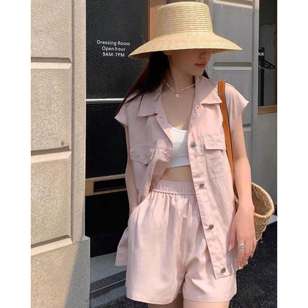 ANNAS 正韓 便宜款 修飾手臂 棉麻無袖西裝套裝 長版背心短褲 休閒 顯瘦 性感 韓國 2