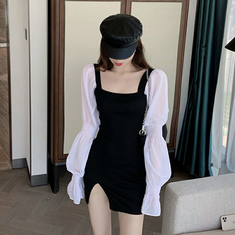 夜 店裝連衣裙性感氣質夜總店上班衣服夜場女工作服網紗泡泡袖拼