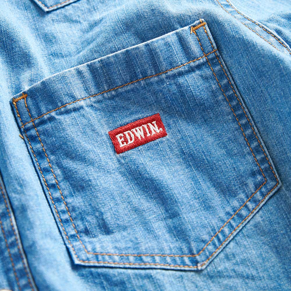 EDWIN 露營系列 刺繡LOGO長袖牛仔襯衫-男款 石洗藍 4