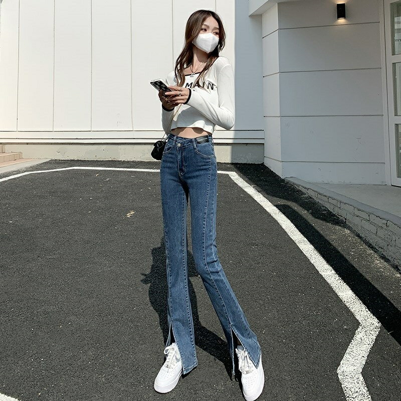 現貨+預購 高腰牛仔褲丹寧喇叭褲女寬褲寬鬆長褲落地褲休閒女裝-開叉腳口彈力高腰女褲子3色74cc35【獨家進口】【米蘭精品】