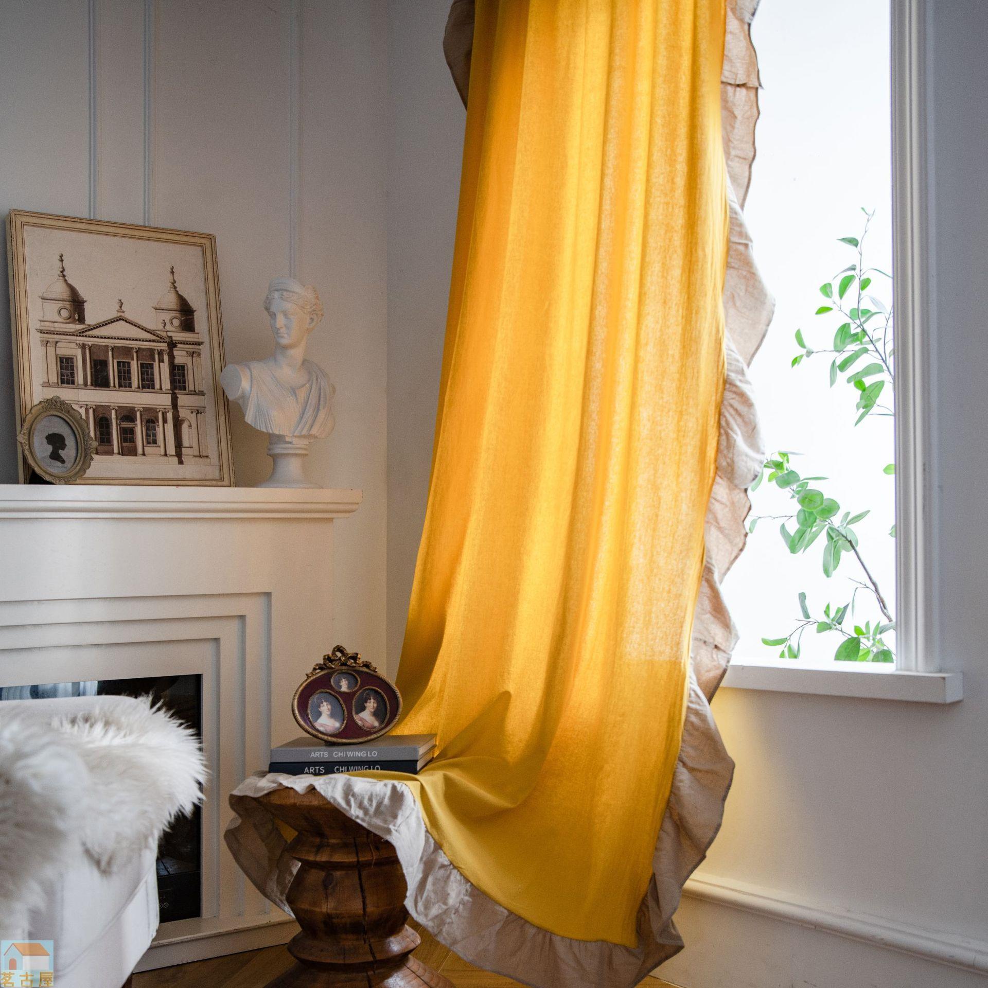 荷葉邊撞色黃色法式小窗廚房簾半遮光窗簾