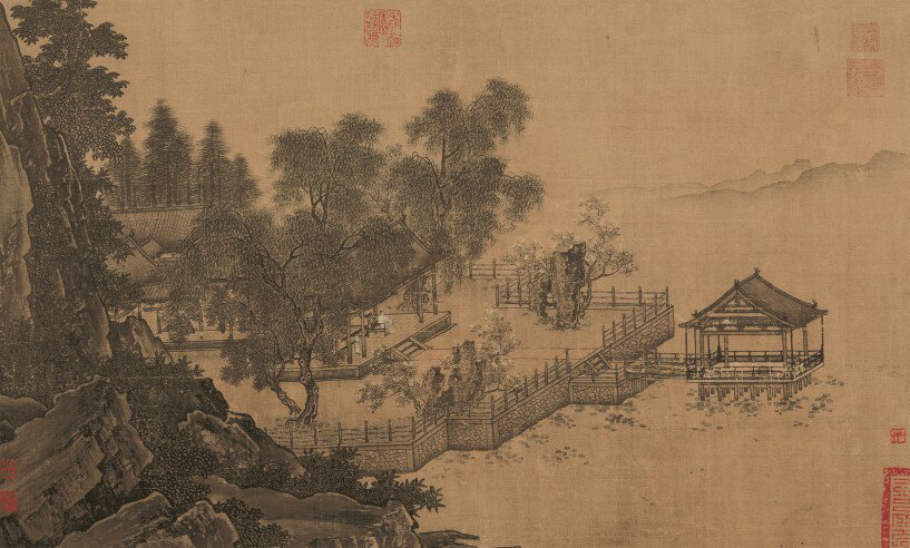 宋畫仿古畫名畫復製品宋劉松年四景山水圖-春66-40國畫山水畫字畫