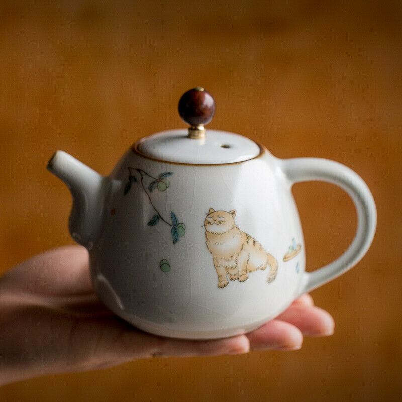 汝窯正把壺 自然開片可養茶壺家用功夫泡茶壺復古印花陶瓷茶具