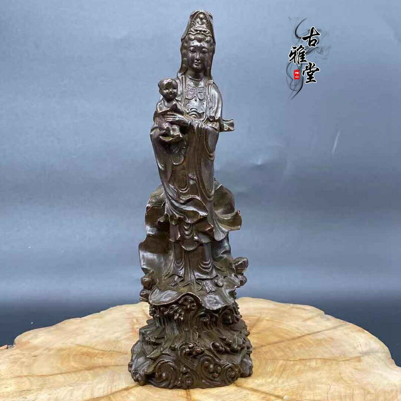 古玩雜項觀音擺件仿紫銅佛像孕婦求子觀音送子大號擺件旺夫旺子1入