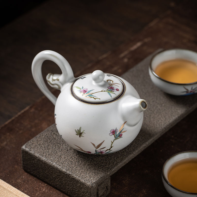 工廠直銷 免運 茶壺 紫砂壺 月白汝窯創意手工扒花龍珠壺泡茶壺汝窯茶壺單人家用手把壺特惠/可開發票Z1017 2