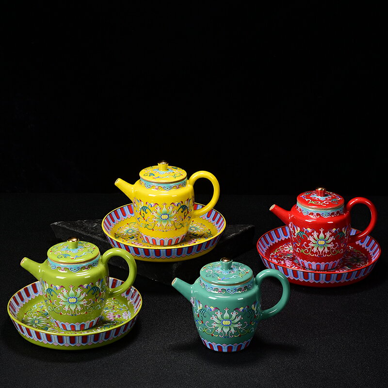 國潮風 陶瓷茶壺單壺家用琺瑯彩過濾泡茶壺中式簡約大容量手把壺