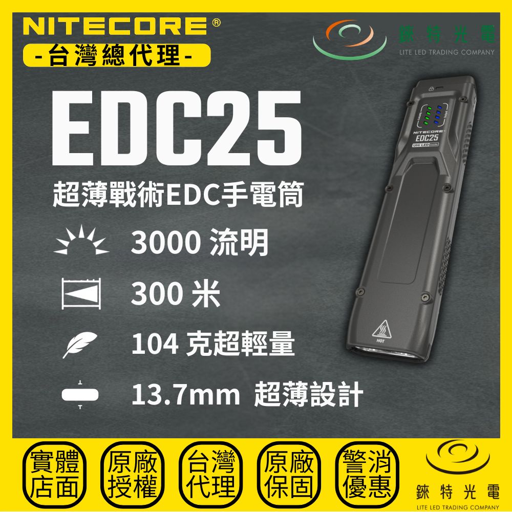 【錸特光電】NITECORE EDC25 超薄戰術EDC手電筒 3000流明 300米 超輕量 一鍵爆閃 雙鎖定 可拆式背夾