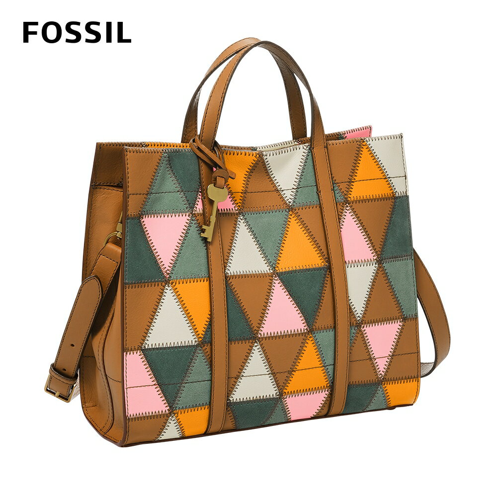 送禮首選★【FOSSIL】Carmen 真皮拼接兩用手提包-棕色多彩 ZB1664195【美國時尚品牌】 附防塵袋+提袋【全館滿額折價★FOSSIL全系列包夾送美妝蛋】