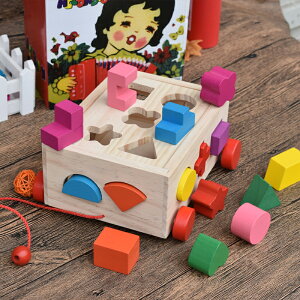 木制早教寶寶幼兒益智多孔形狀配對十五孔拖拉智力盒積木配對玩具