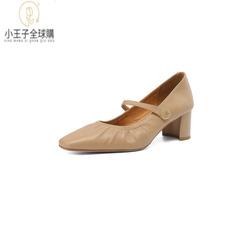 【公司現貨速發】免運 開發票 小短靴 堆堆靴 真皮女鞋 羊皮鞋 小皮鞋 樂福鞋羊皮法式瑪麗珍高跟鞋方頭褶皺中粗跟一字帶舒適時裝單鞋 定製