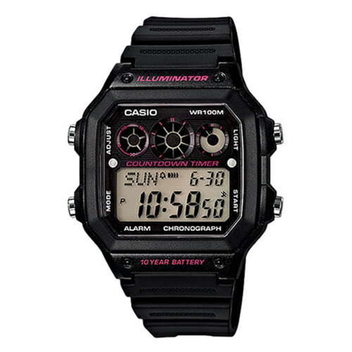 【東洋商行】免運 CASIO 卡西歐 10年電力亮眼設計方形數位錶 - 黑框x桃紅錶圈 AE-1300WH-1A2VDF 原廠公司貨 附保證卡 保固期一年