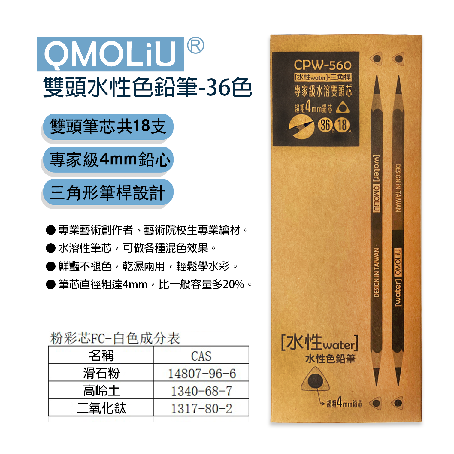 色鉛筆【水性】CPW-560/【油性】CPO-500雙頭18支36色 / 台灣設計 QMO LiU 品牌 ---繪畫基礎必備 2