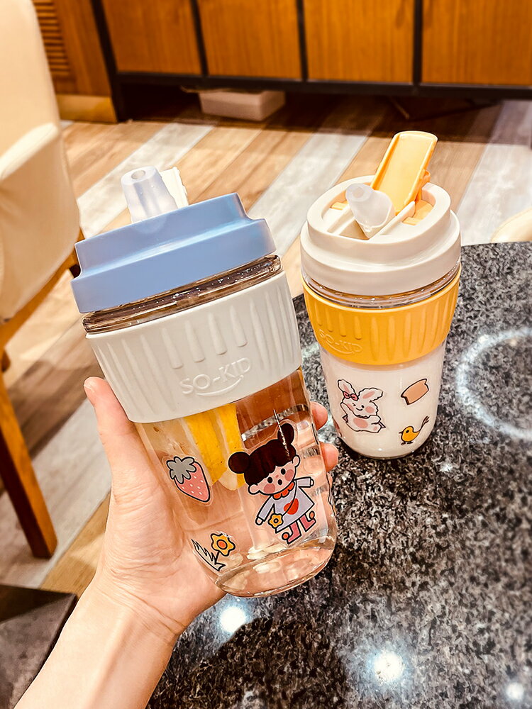 雙飲玻璃水杯女夏季可愛便攜耐熱直飲奶茶咖啡杯子網紅ins帶吸管