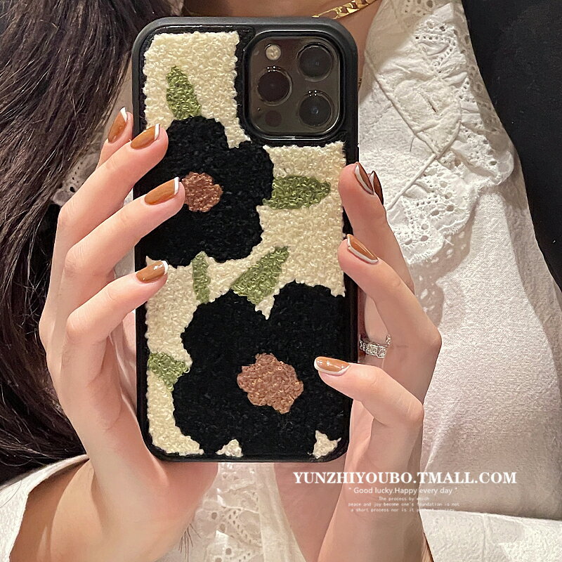 ins秋冬絨布刺繡花朵適用iphone13/12promax蘋果11手機殼iphonex矽膠xsmax創意xr日韓8plus女款全包防摔套