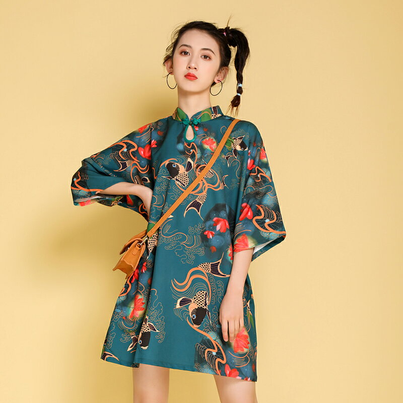 中國風學生國潮新式改良少女旗袍日常年輕款胖mm寬松連衣裙短款