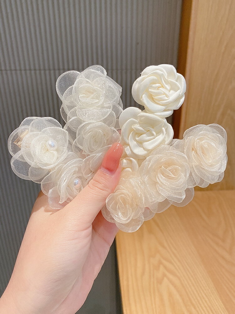 山茶花夾子發飾女夏季網紅新款花朵發夾小香風頂夾復古發卡