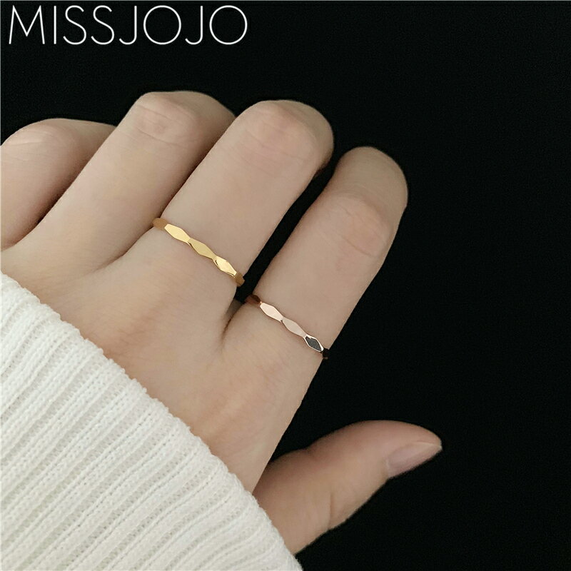 日韓版簡約個性光面菱形波浪彎曲鈦鋼鍍玫瑰金色食指戒指女尾戒