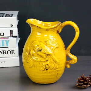 鄉村田園陶瓷做舊地中海西班牙黃色小鳥單耳花瓶家居飾品樣板間擺
