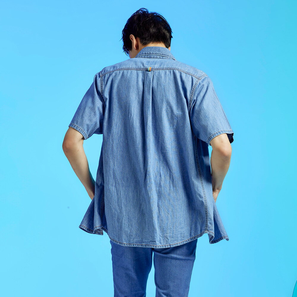 EDWIN 經典短袖牛仔襯衫-男款 石洗藍 2