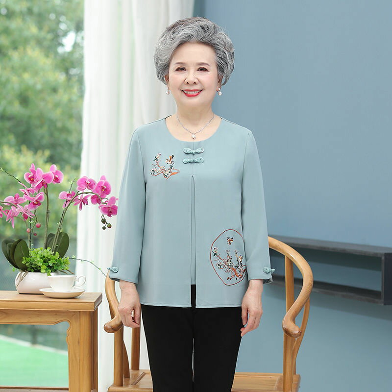 母親節奶奶中老年人女裝春夏T恤圓領長袖假兩件上衣太太老人衣服 1