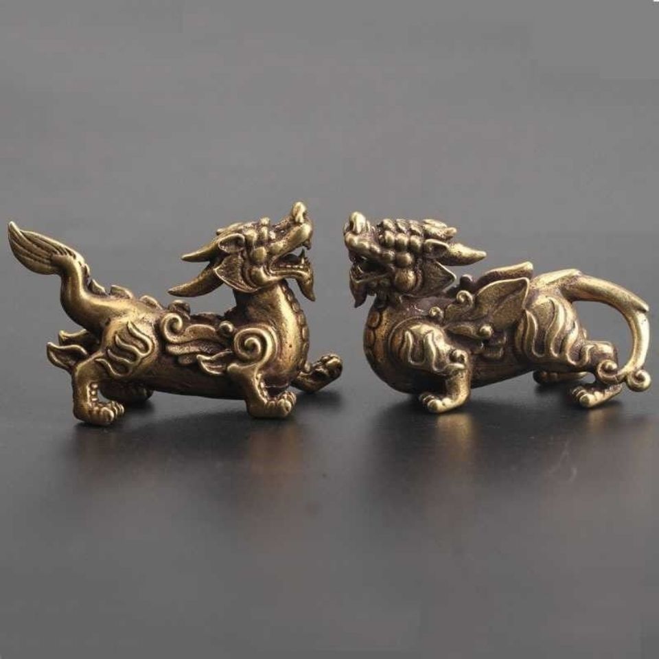 招財擺件 開運 轉運 裝飾品 實心黃銅貔貅擺件 (公母一對)招財送福鎮宅麒麟神獸風水擺件 茶寵 全館免運