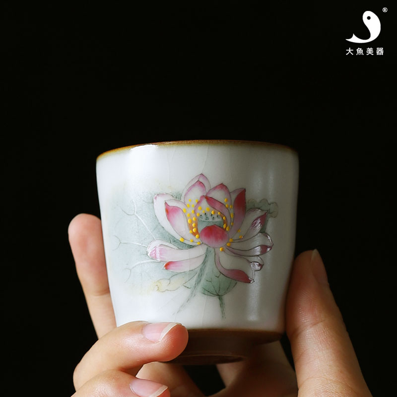 主人杯陶瓷茶杯手繪百果杯蓮花杯景德鎮純手工品茗杯開片個人品杯1入