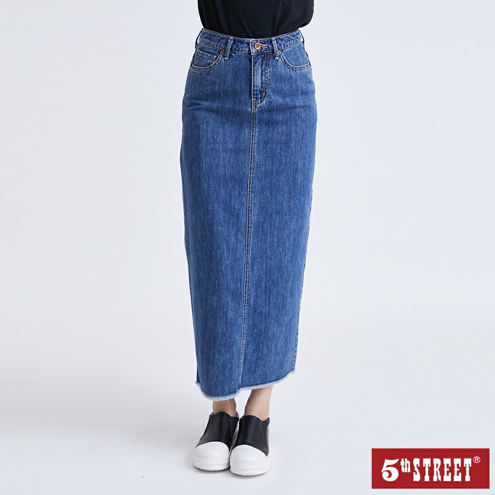 女裝 高腰抽鬚牛仔長裙-石洗綠 (980030) 【5th STREET】【全館滿$3000贈環保餐具收納包】