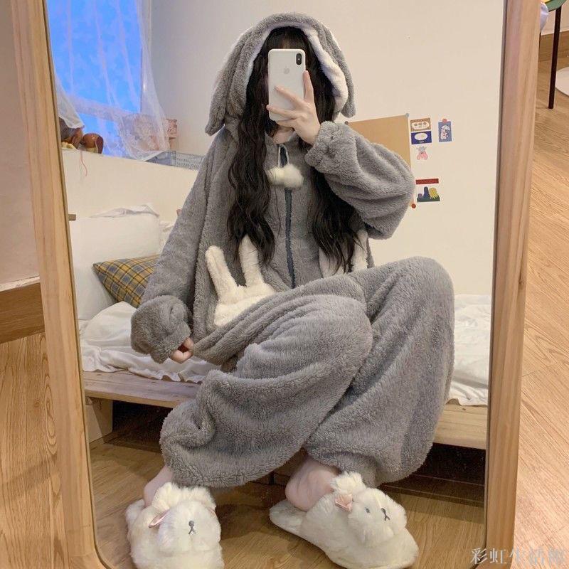 連體睡衣女冬天加厚珊瑚絨可愛少女學生ins法蘭絨大碼家居服秋季