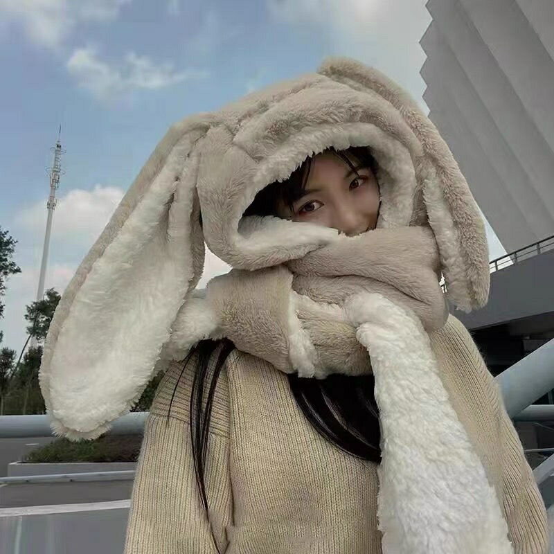 甜美可愛兔耳朵毛絨圍脖冬天防寒保暖連體帽子圍巾手套一體三件套