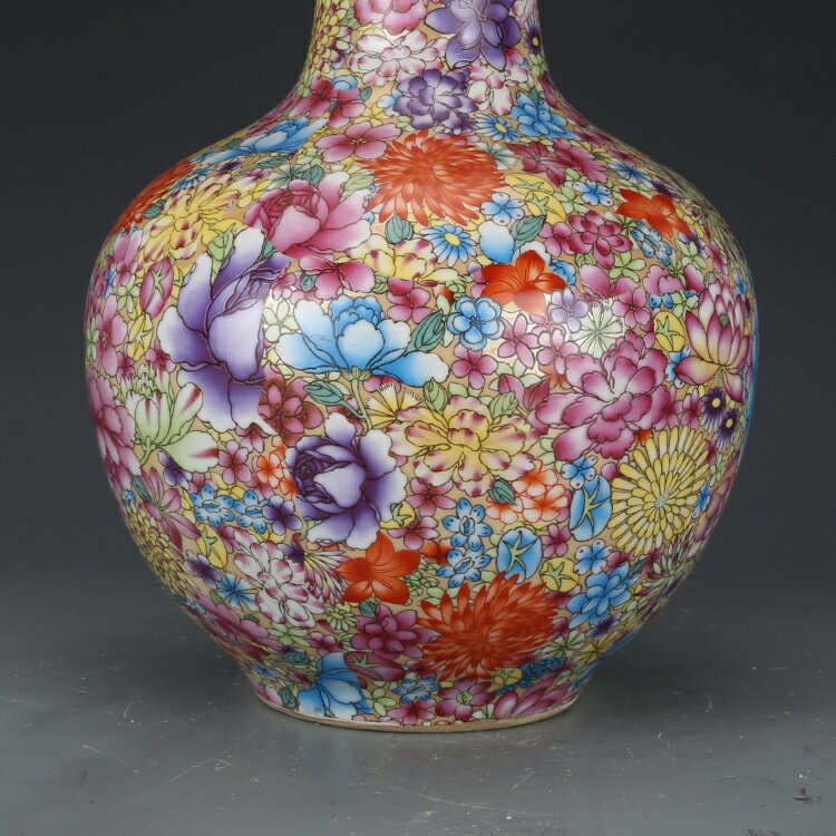 清雍正御制粉彩金地萬花天球瓶古董古玩收藏品真品景德鎮仿古瓷器