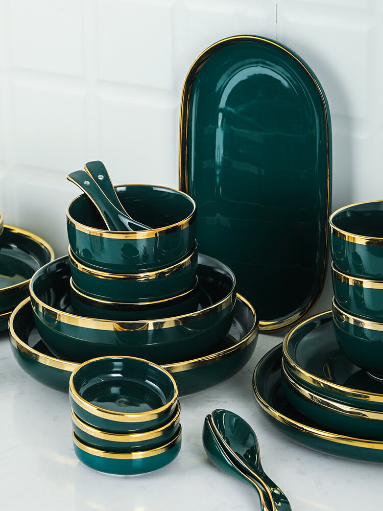 輕奢風金邊祖母綠碗碟套裝家用網紅陶瓷碗盤子吃飯筷子餐具套裝